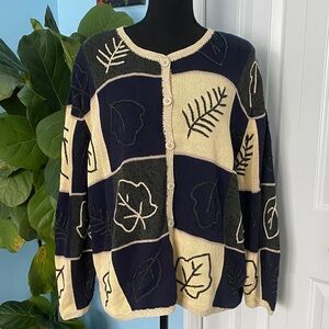 C.J. Banks 2X Retro Hand Embroidered Navy, Green and Tan Button Up Leaf Cardigan